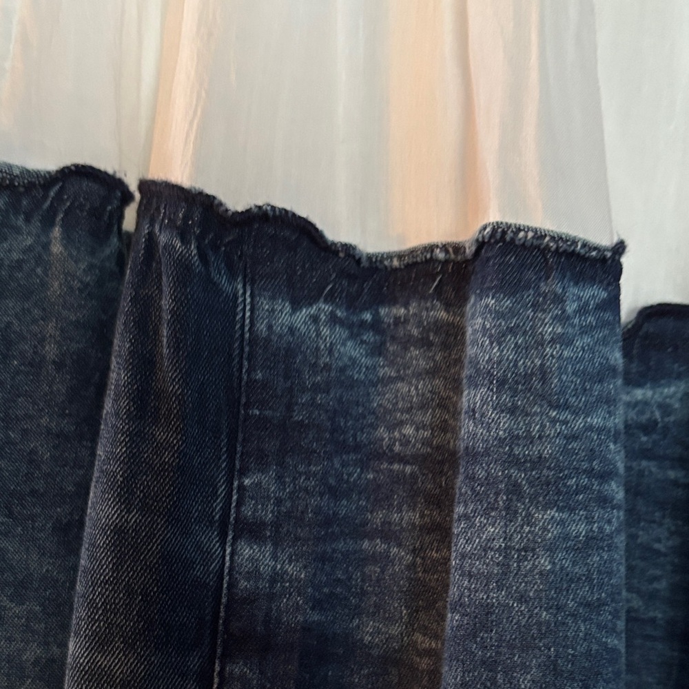 White Tiered Maxi Skirt with Denim Band Accents - Picture 2 of 4